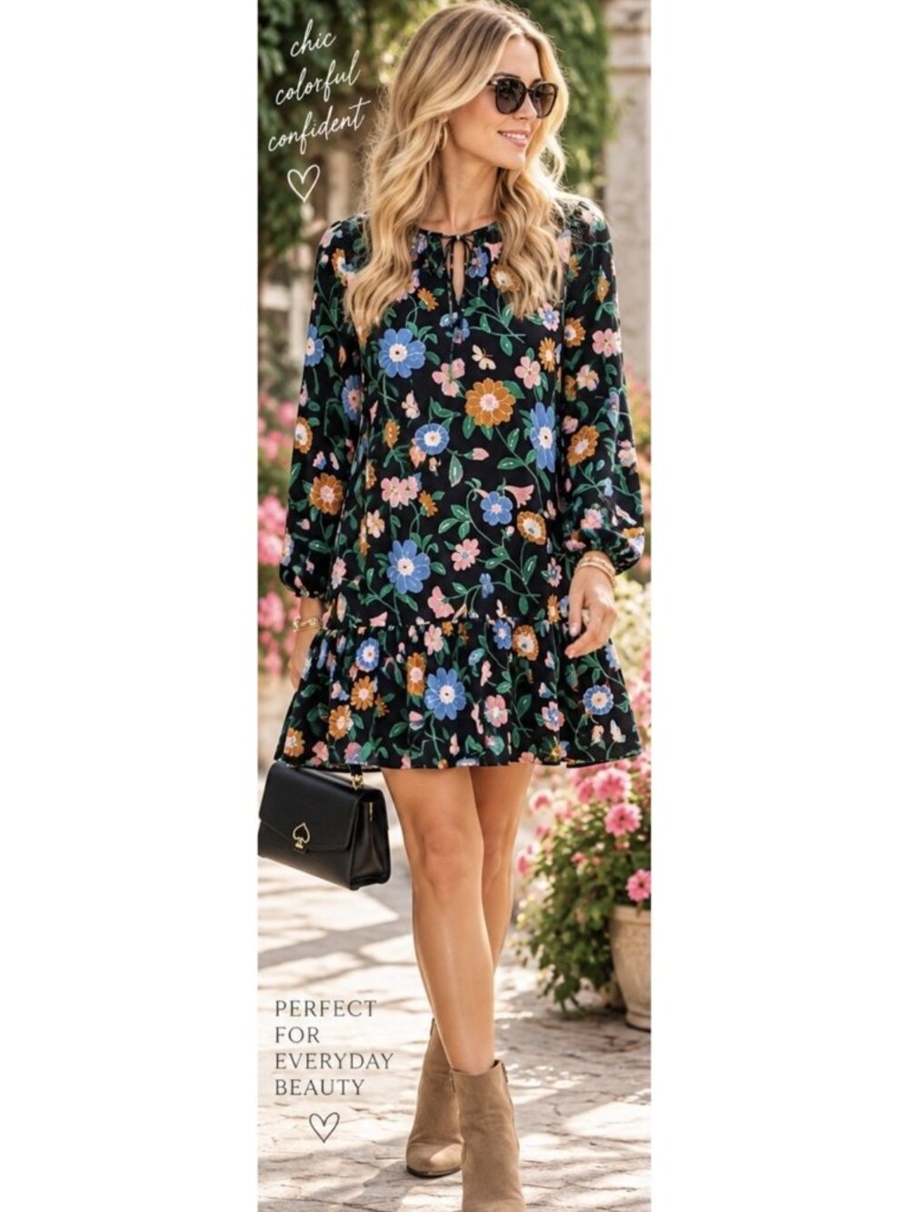 Kate Spade Floral Garden Tulip Dress Size L Black Floral Butterfly Ruffle Shift